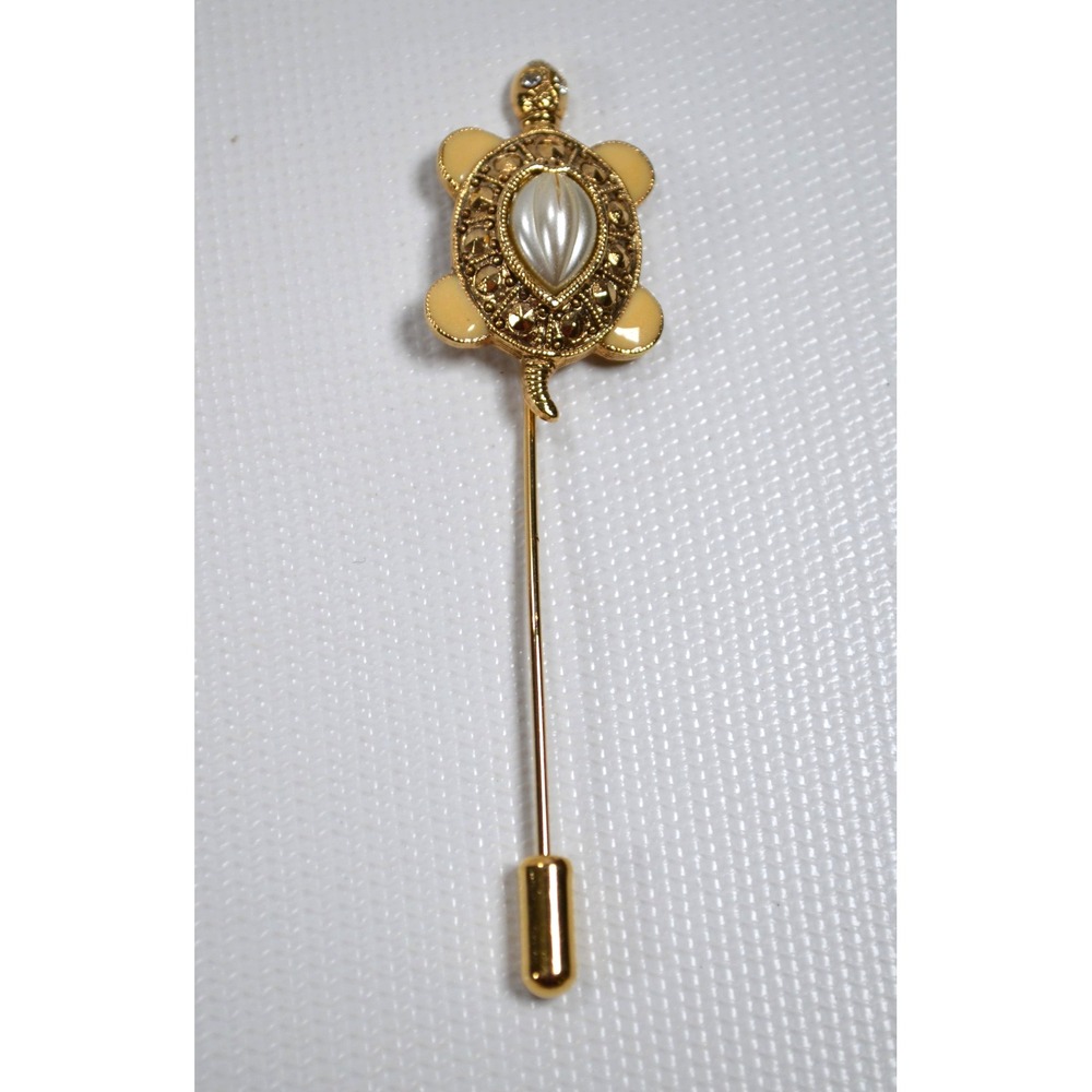 Vintage Gold Tone Stick Pin Turtle Shaped 3"‎ Clear Rhinestone Eyes